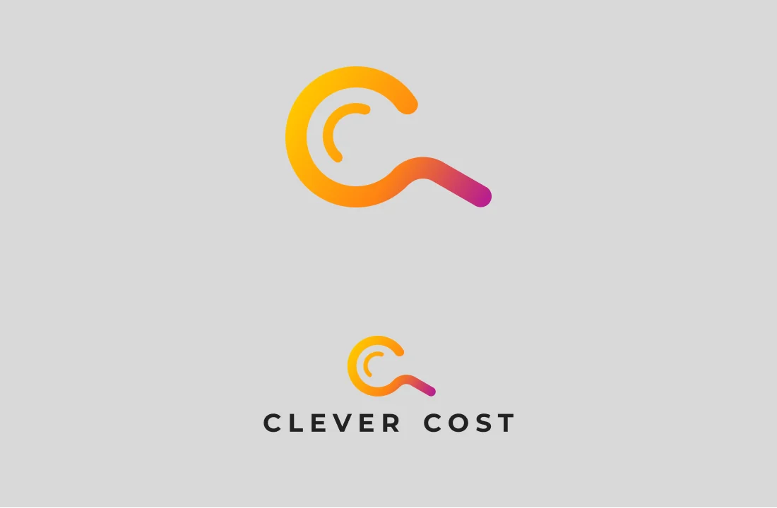 Orange-til-magenta gradient-C formet som et forstørrelsesglas, med ordmærket CLEVER COST