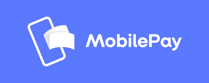 MobilePay-logoet: en hvid telefonkontur og et foldet kort med ordmærke på blå baggrund