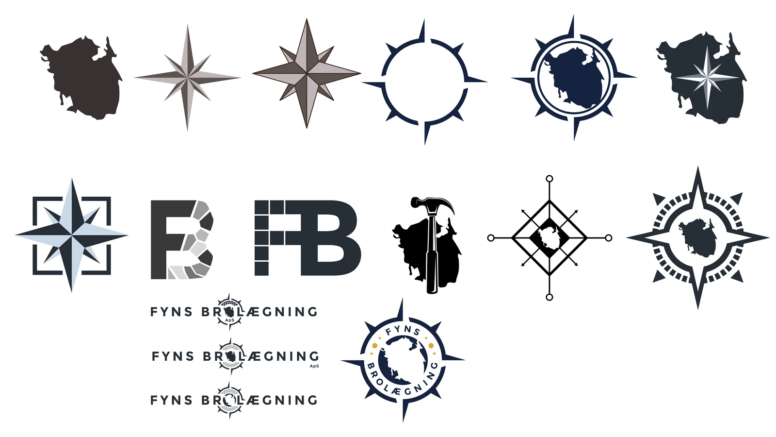 Ark med tidlige symbolskitser: silhuetter af Fyn, kompasroser, brostensmønstre, FB-monogrammer og de første kombinerede emblemer