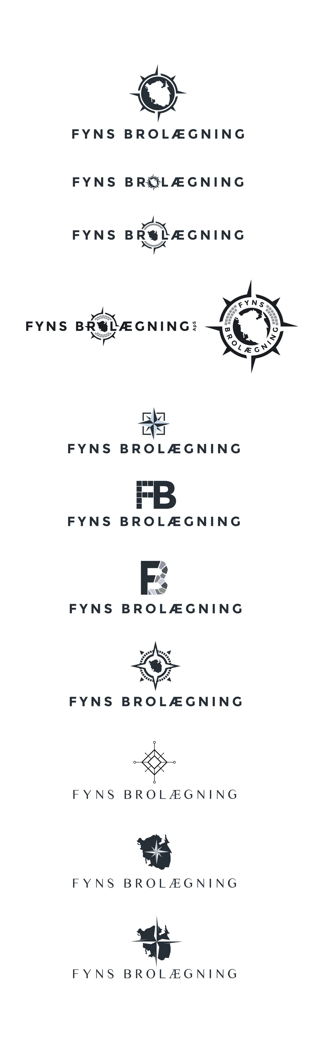Højt ark med logoopsætninger, der kombinerer forskellige emblemer med en kraftig og en tynd skrifttype